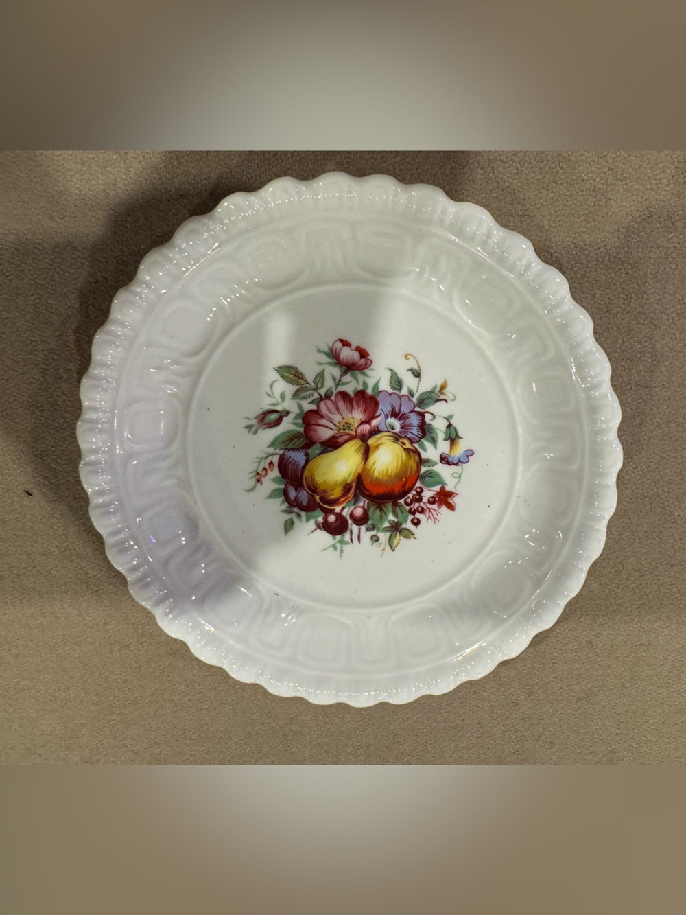 White Ceramic Fruit Motif Plate England coal plate antique